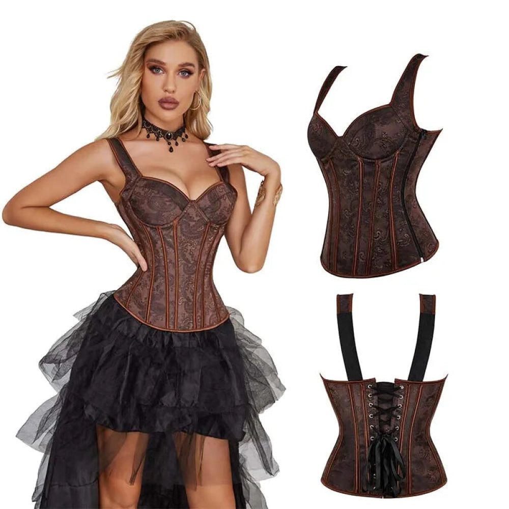 Steampunk Jacquard Lace-Up Shoulder Strap Corset Padded Bustier With Zip - Xs