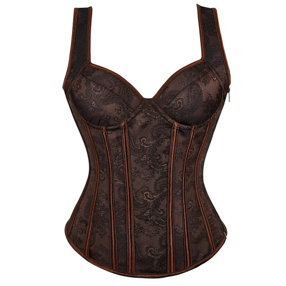 Steampunk Jacquard Lace-Up Shoulder Strap Corset Padded Bustier With Zip - Xs