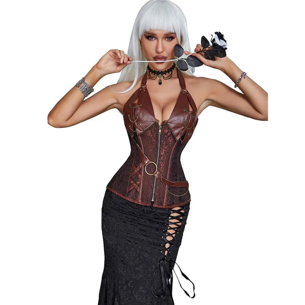 Deep V Halter Bustier Black or Brown Corset With Zip