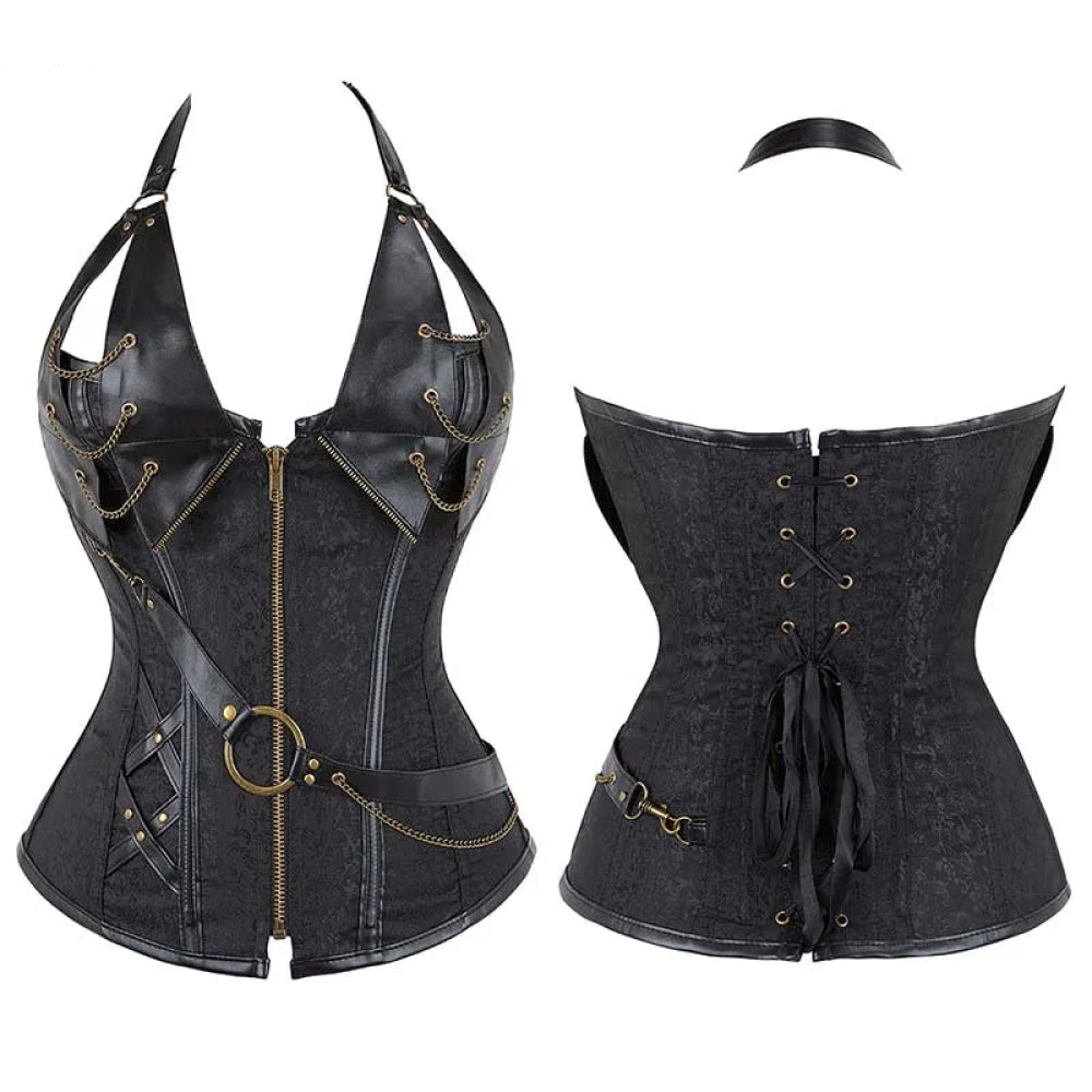 Deep V Halter Bustier Black or Brown Corset With Zip
