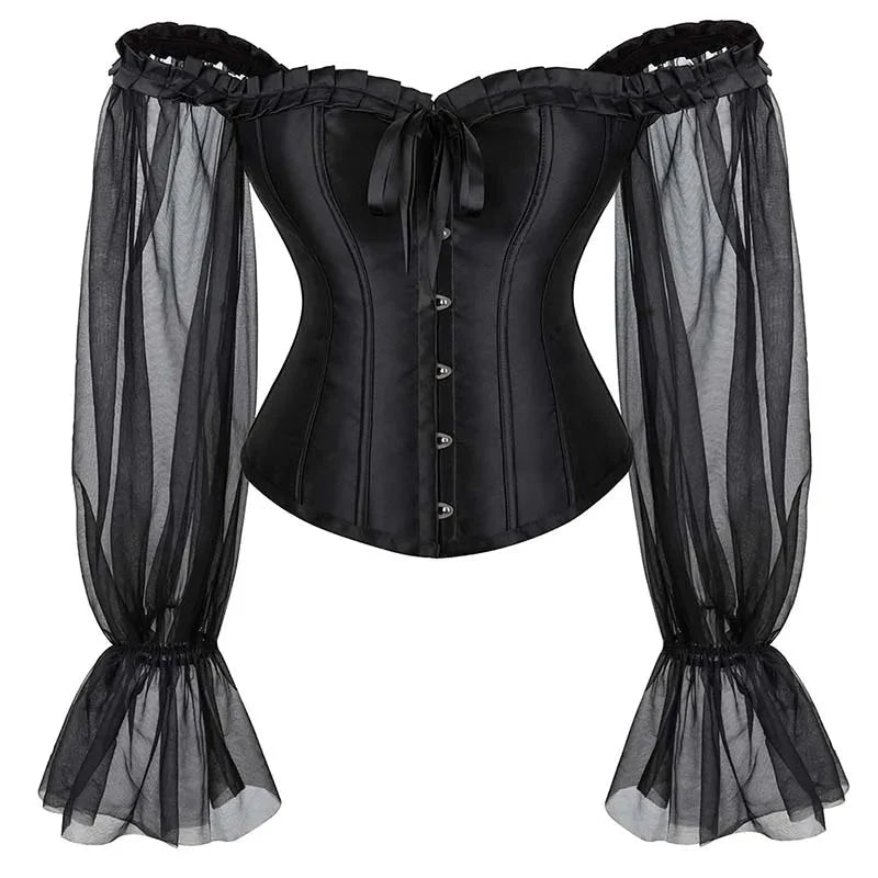 Ruffled Gothic Corset Top With Puff Sleeves Satin