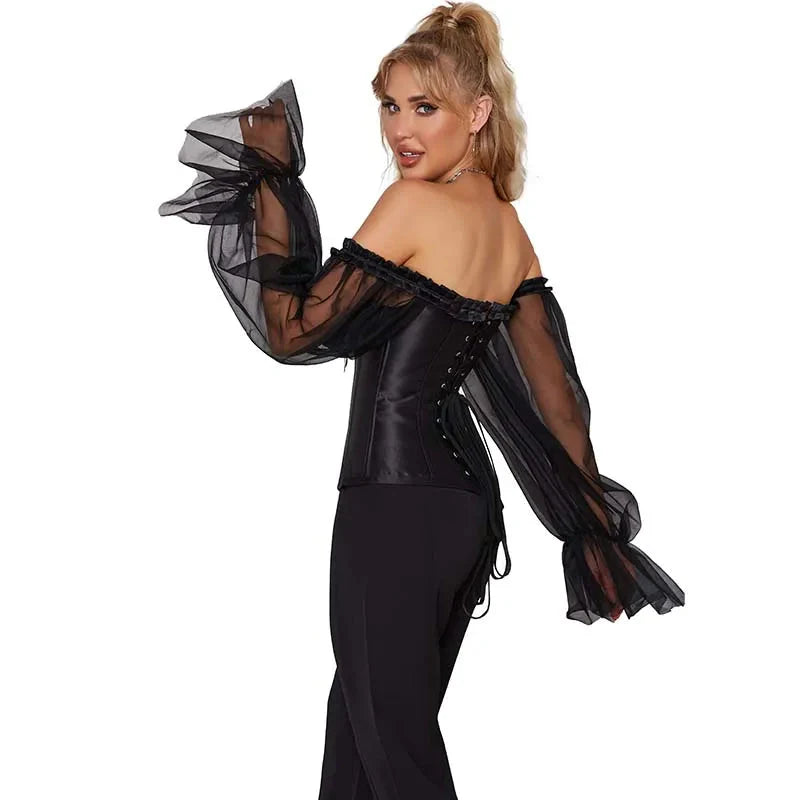 Ruffled Gothic Corset Top With Puff Sleeves Satin
