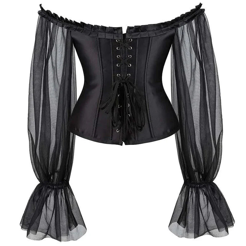 Ruffled Gothic Corset Top With Puff Sleeves Satin