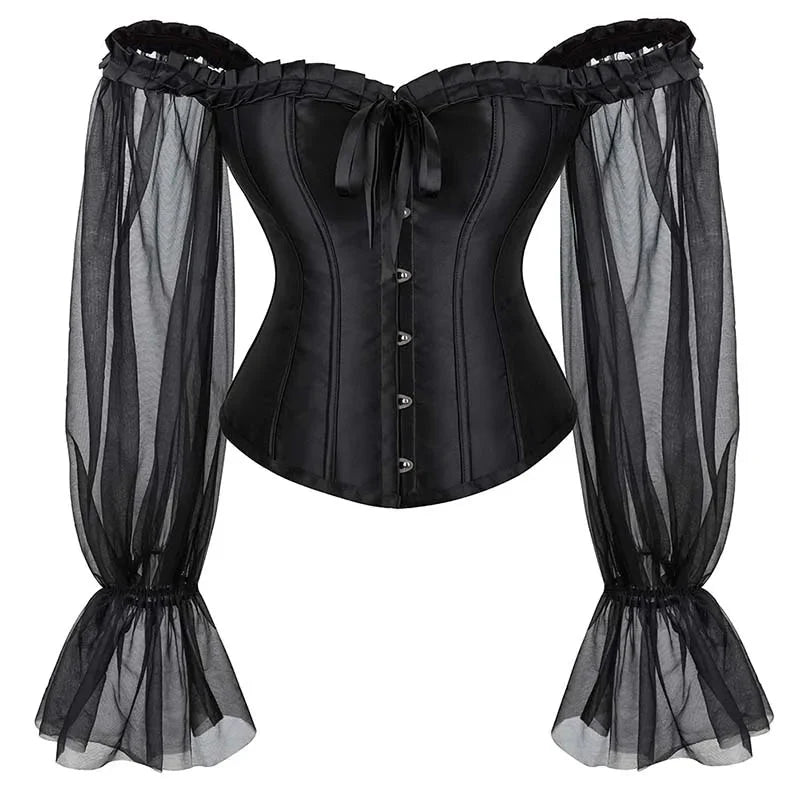 Ruffled Gothic Corset Top With Puff Sleeves Satin