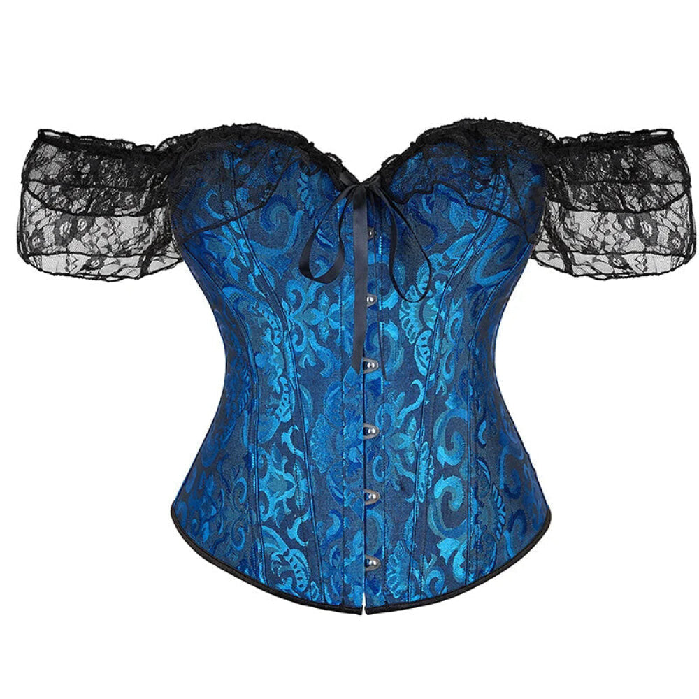 Brown Steampunk Corset With Front Busk Closure Floral Lace And Puff Sleeves