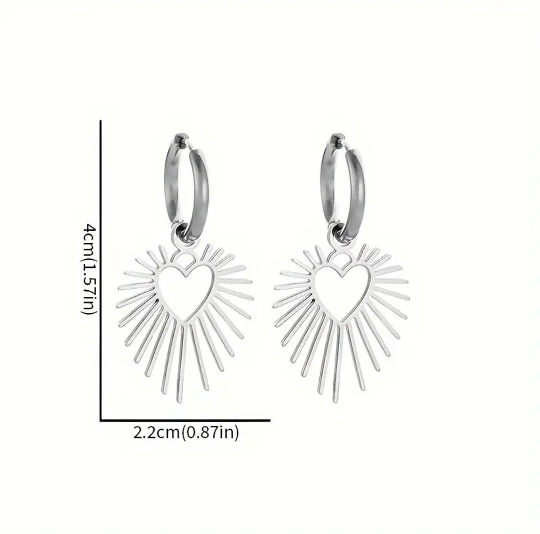 Heart Sunburst Stainless Steel Earrings