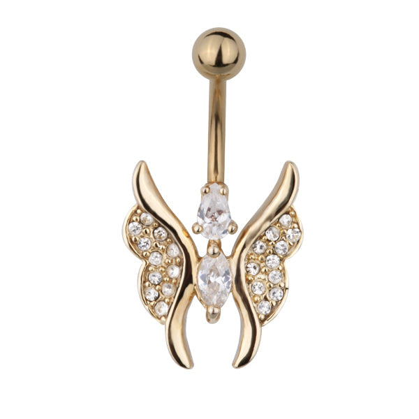 316L STAINLESS STEEL GOLD PVD PLATED BUTTERFLY BELLY BAR WITH GEMS