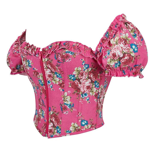 Vintage Floral Corset With Puff Sleeves- Denim Fabric