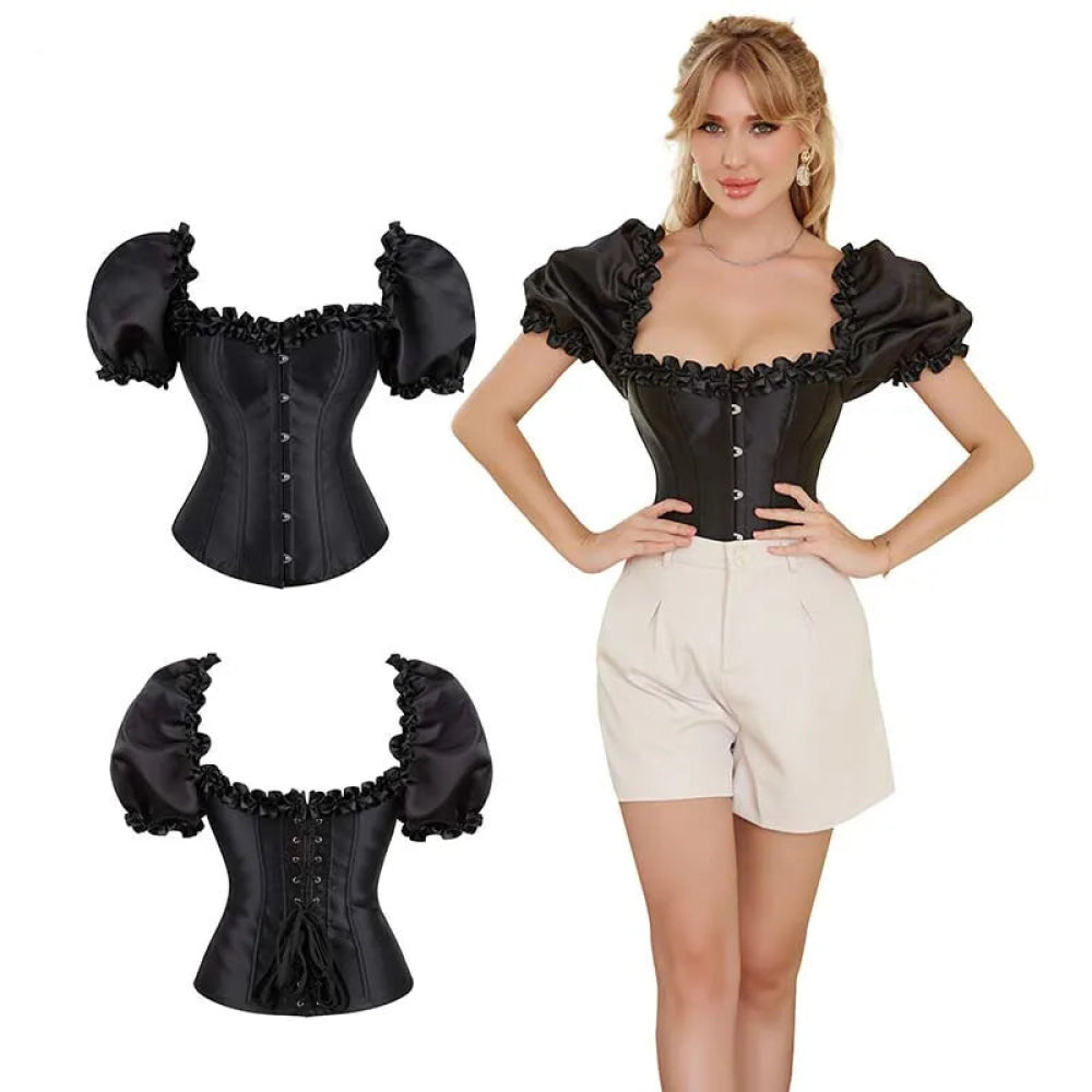 Black Lace-Up Ruffled Corset Bustier