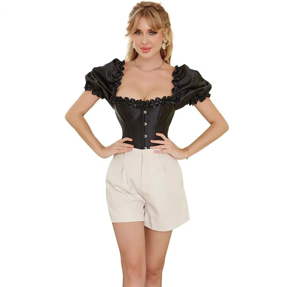 Black Lace-Up Ruffled Corset Bustier