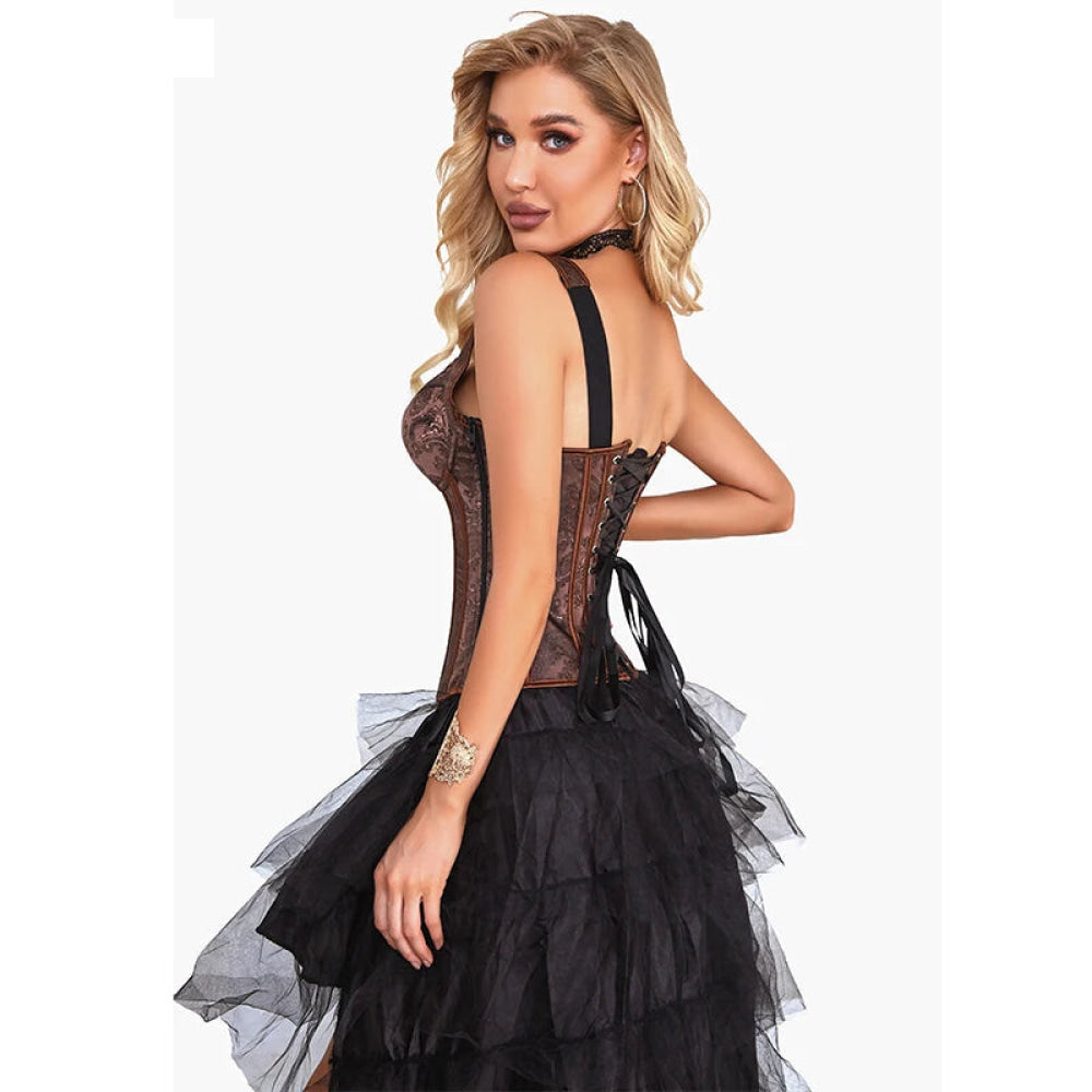 Steampunk Jacquard Lace-Up Shoulder Strap Corset Padded Bustier With Zip - Xs