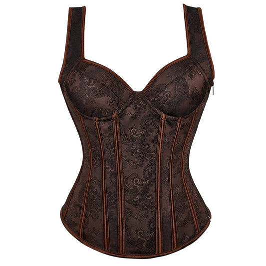 Steampunk Jacquard Lace-Up Shoulder Strap Corset Padded Bustier With Zip - S