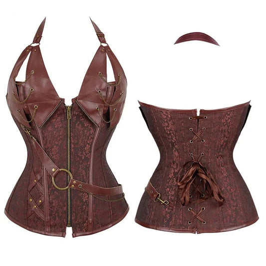 Deep V Halter Bustier Black or Brown Corset With Zip