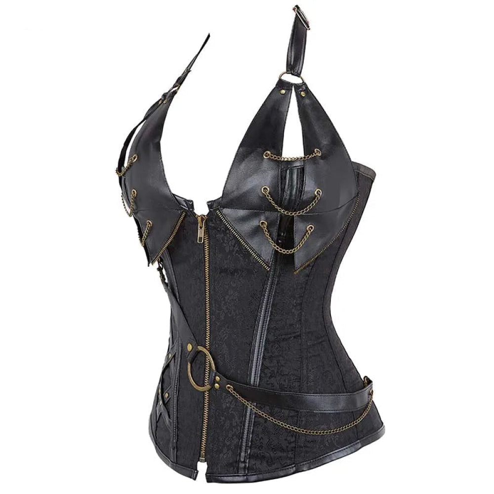 Deep V Halter Bustier Black or Brown Corset With Zip