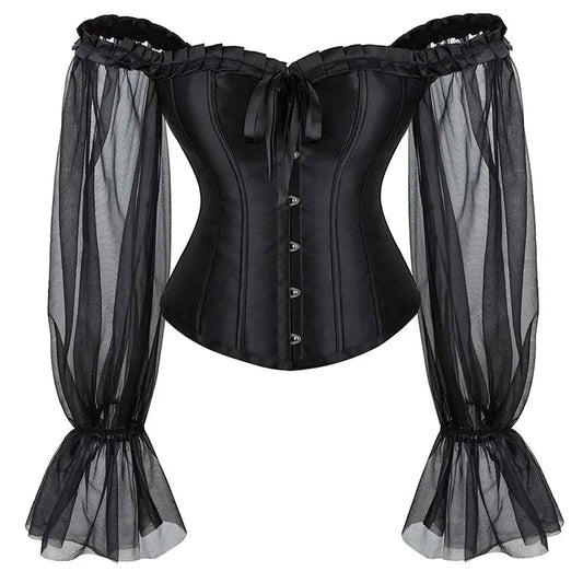 Ruffled Gothic Corset Top With Puff Sleeves Satin