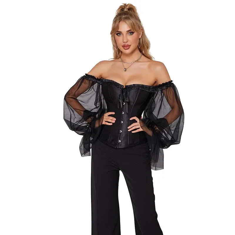 Ruffled Gothic Corset Top With Puff Sleeves Satin