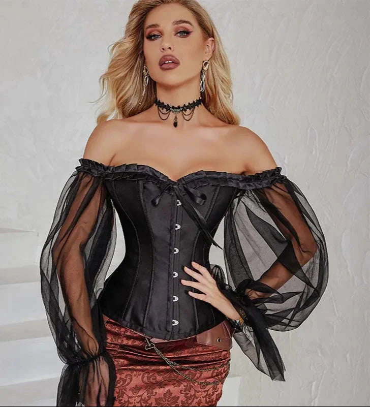 Ruffled Gothic Corset Top With Puff Sleeves Satin