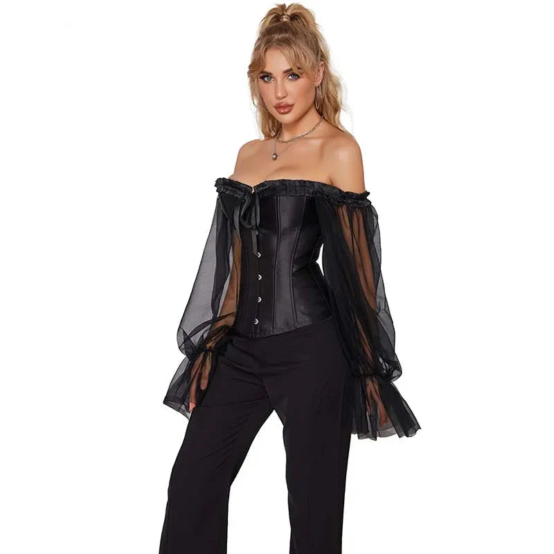 Ruffled Gothic Corset Top With Puff Sleeves Satin