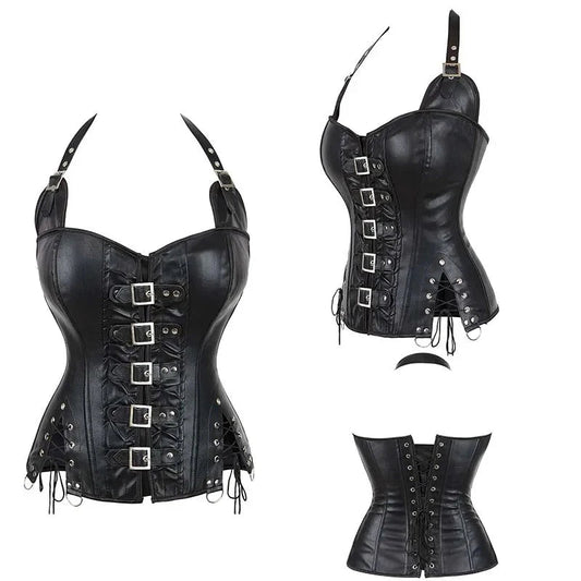 Steampunk Corselet With Zip & Buckle Women Gothic Fishbone Corset - Black
