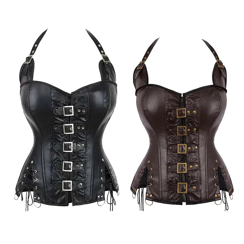 Steampunk Corselet With Zip & Buckle Women Gothic Fishbone Corset - Black