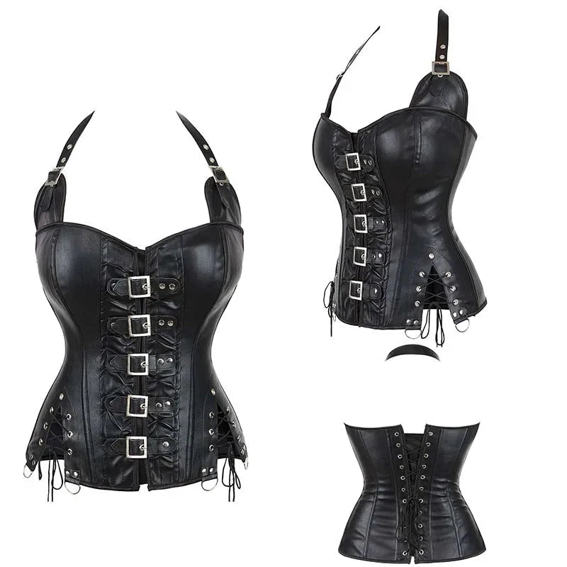 Steampunk Corselet With Zip & Buckle Women Gothic Fishbone Corset - Black