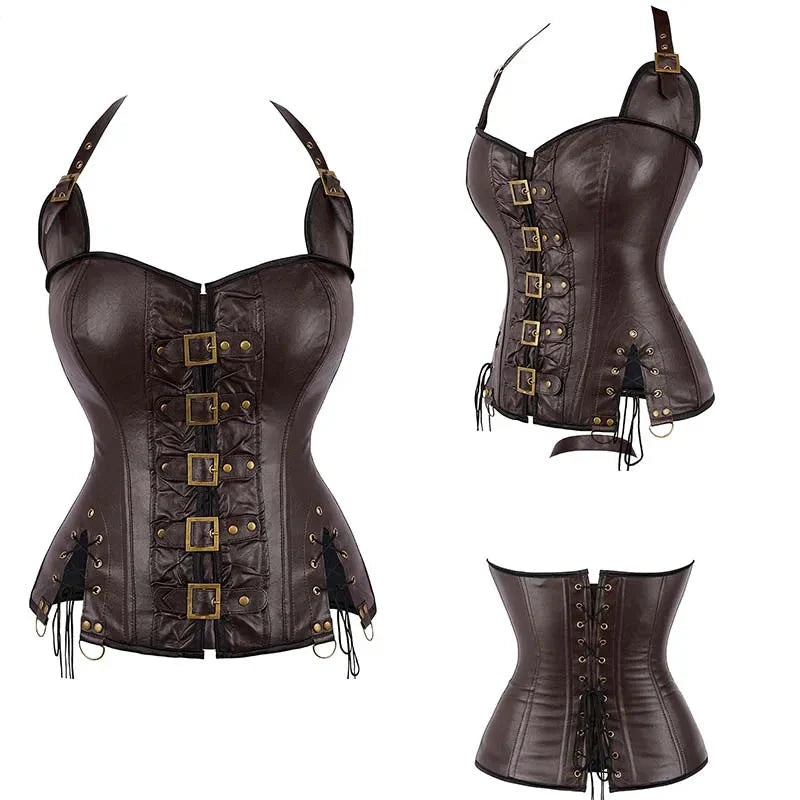 Steampunk Corselet With Zip & Buckle Women Gothic Fishbone Corset - Brown