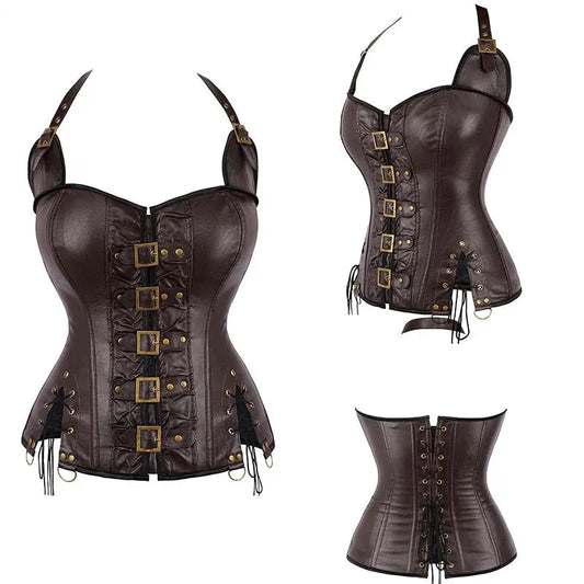 Steampunk Corselet With Zip & Buckle Women Gothic Fishbone Corset - Brown