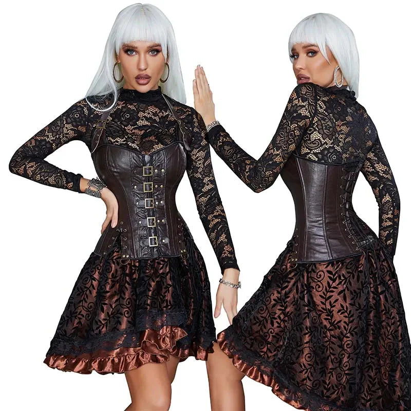 Steampunk Corselet With Zip & Buckle Women Gothic Fishbone Corset - Brown