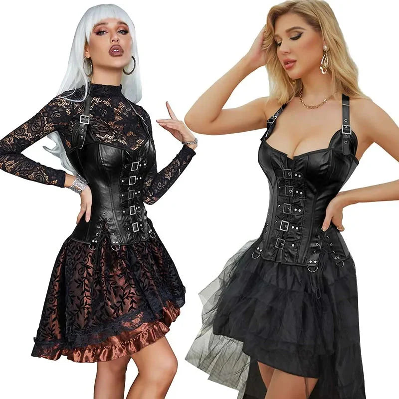 Steampunk Corselet With Zip & Buckle Women Gothic Fishbone Corset - Brown