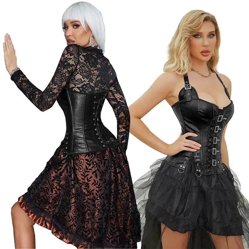Steampunk Corselet With Zip & Buckle Women Gothic Fishbone Corset - Brown