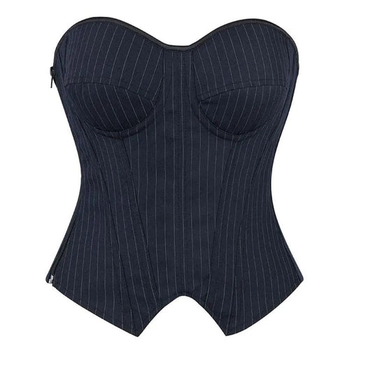 Push Up Pin Stripe Bustier Lace Up Boned Corset Top  Navy Blue or Black