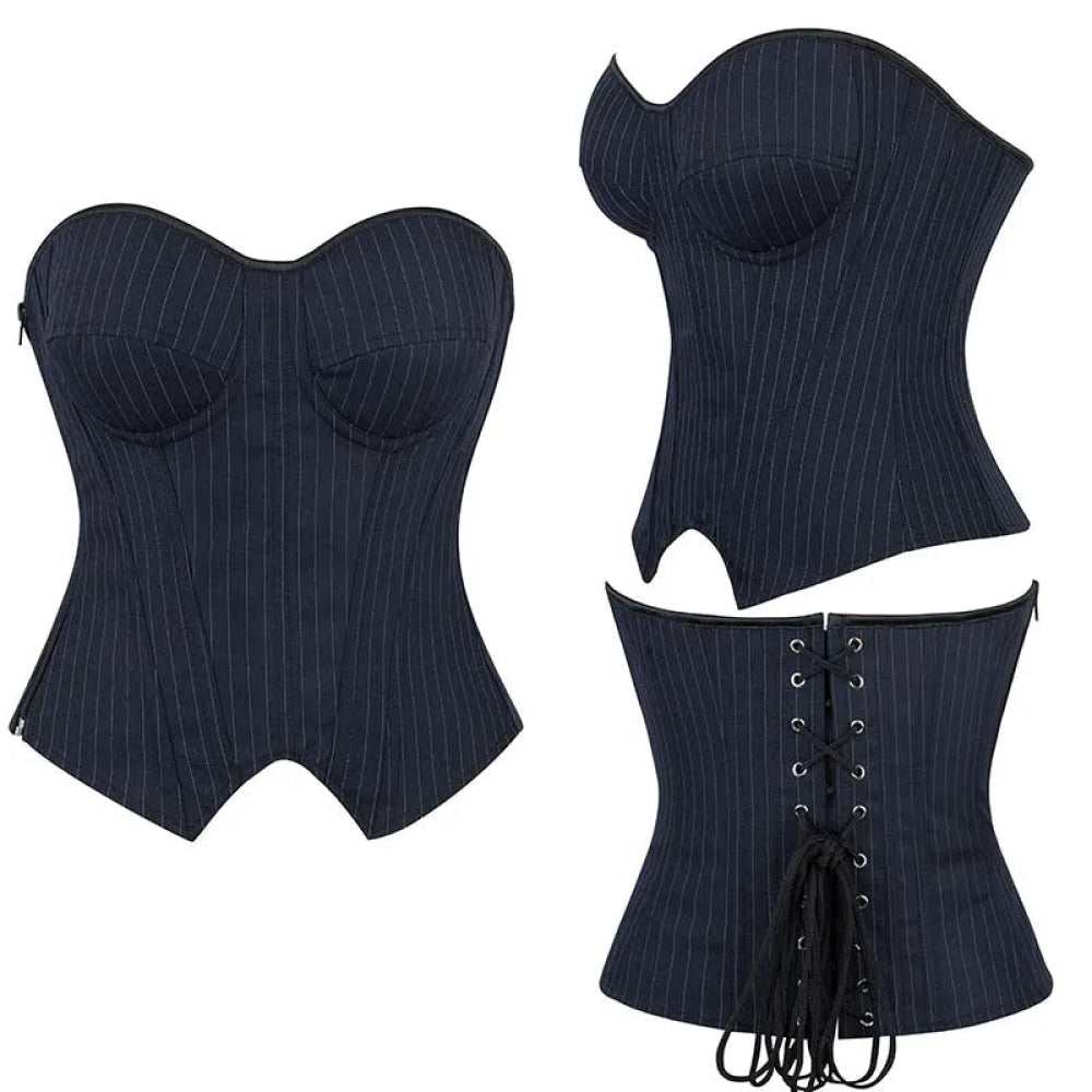 Push Up Pin Stripe Bustier Lace Up Boned Corset Top  Navy Blue or Black