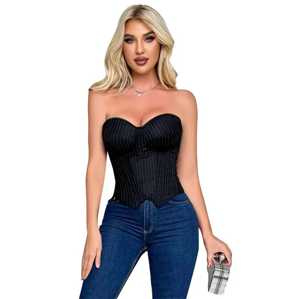 Push Up Pin Stripe Bustier Lace Up Boned Corset Top  Navy Blue or Black