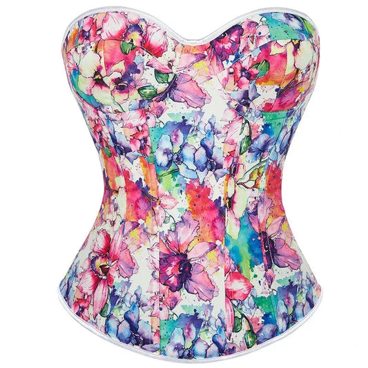 Floral Print Vintage Corselet Ultra-Lift Lace Up Boned Corset Bustier With Padded Bra