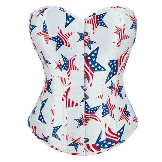 Vintage Gothic Fish Bones Lace Up Satin Overbust Corset White Usa Flag Design - L