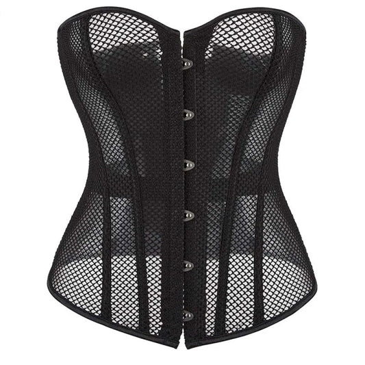 Fish Bone Gothic Mesh Net Patchwork Satin Overbust Corset