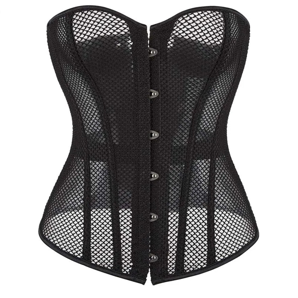 Fish Bone Gothic Mesh Net Patchwork Satin Overbust Corset