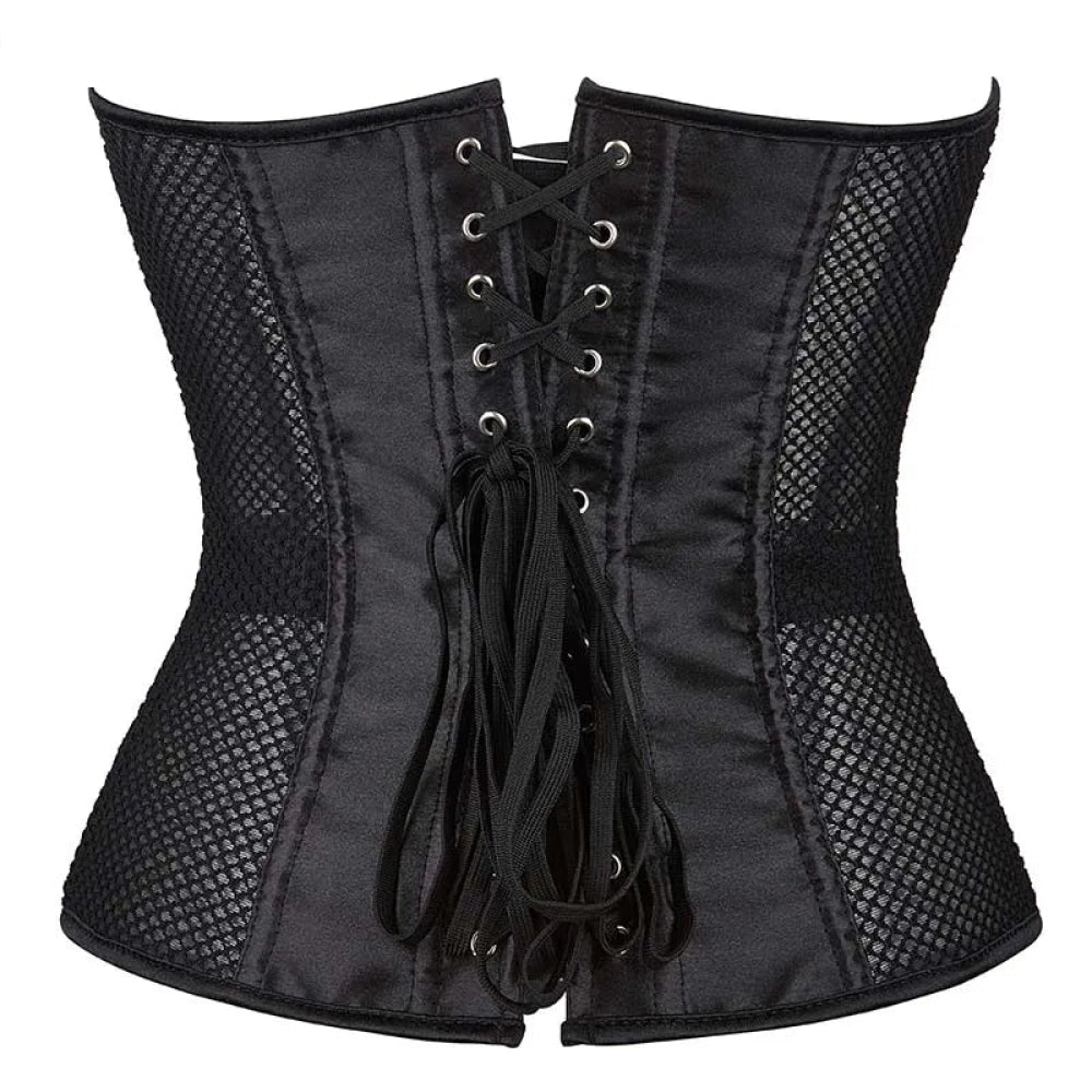 Fish Bone Gothic Mesh Net Patchwork Satin Overbust Corset