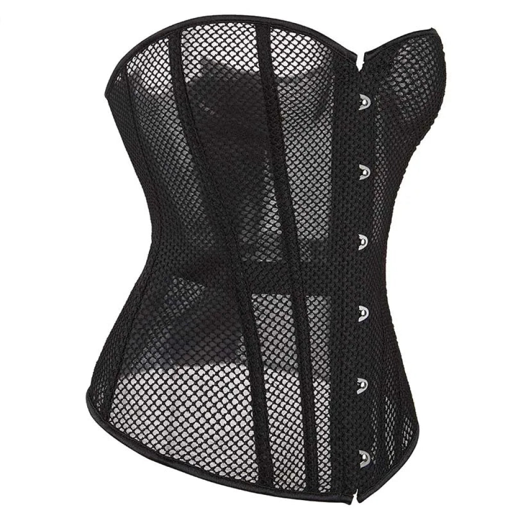 Fish Bone Gothic Mesh Net Patchwork Satin Overbust Corset