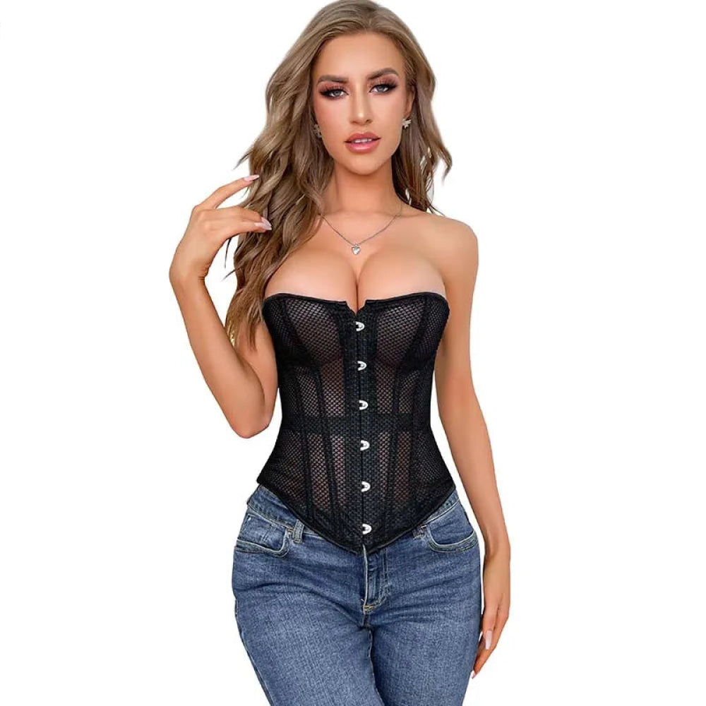 Fish Bone Gothic Mesh Net Patchwork Satin Overbust Corset