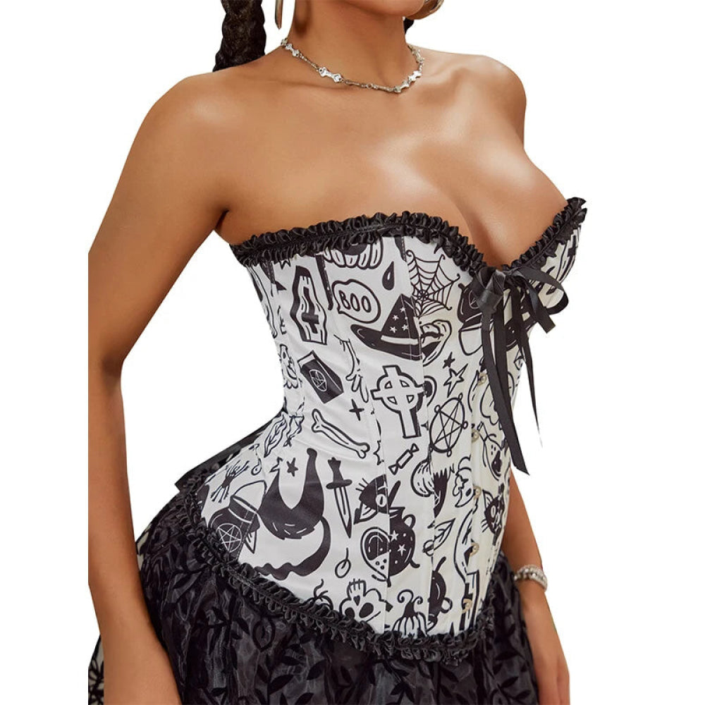 Print Gothic Corselet Ruffled Lace Trim Boned Corset Halloween Women Clothing - Xs