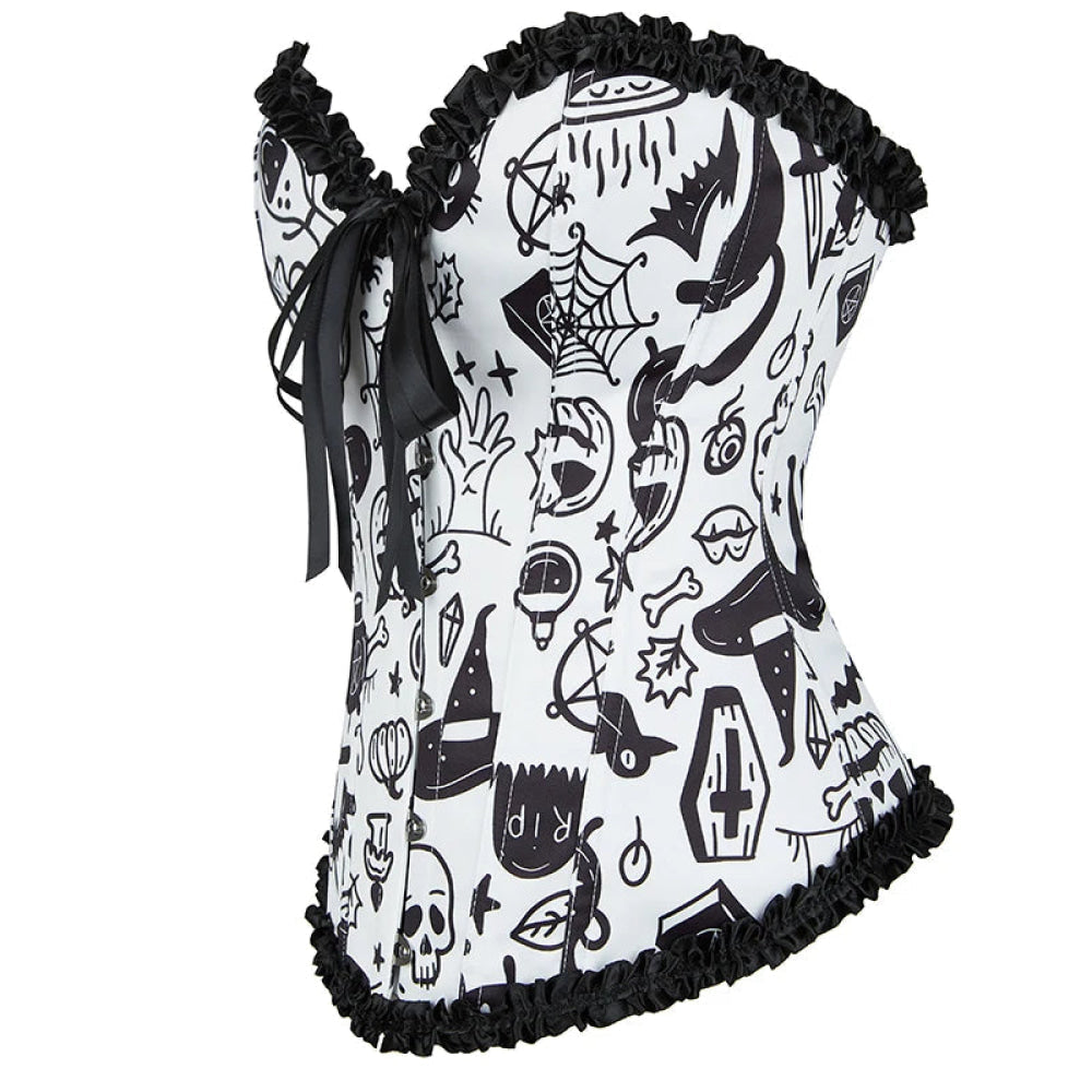 Print Gothic Corselet Ruffled Lace Trim Boned Corset Halloween Women Clothing - Xs
