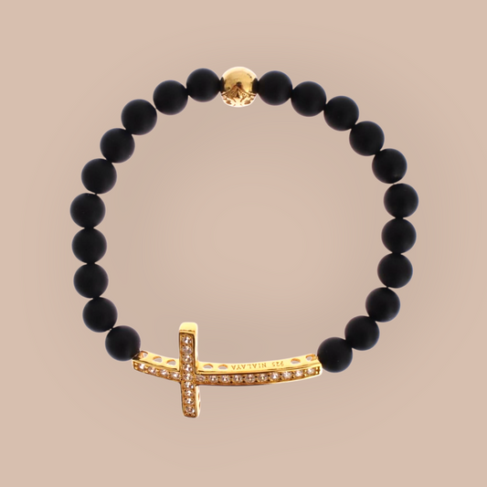 Authentic NIALAYA Bracelet with Matte Onyx Beads and CZ Diamond Cross S Women