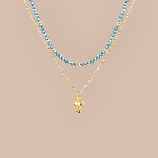 Stainless Steel Rosary Necklace Blue and Gold Bead