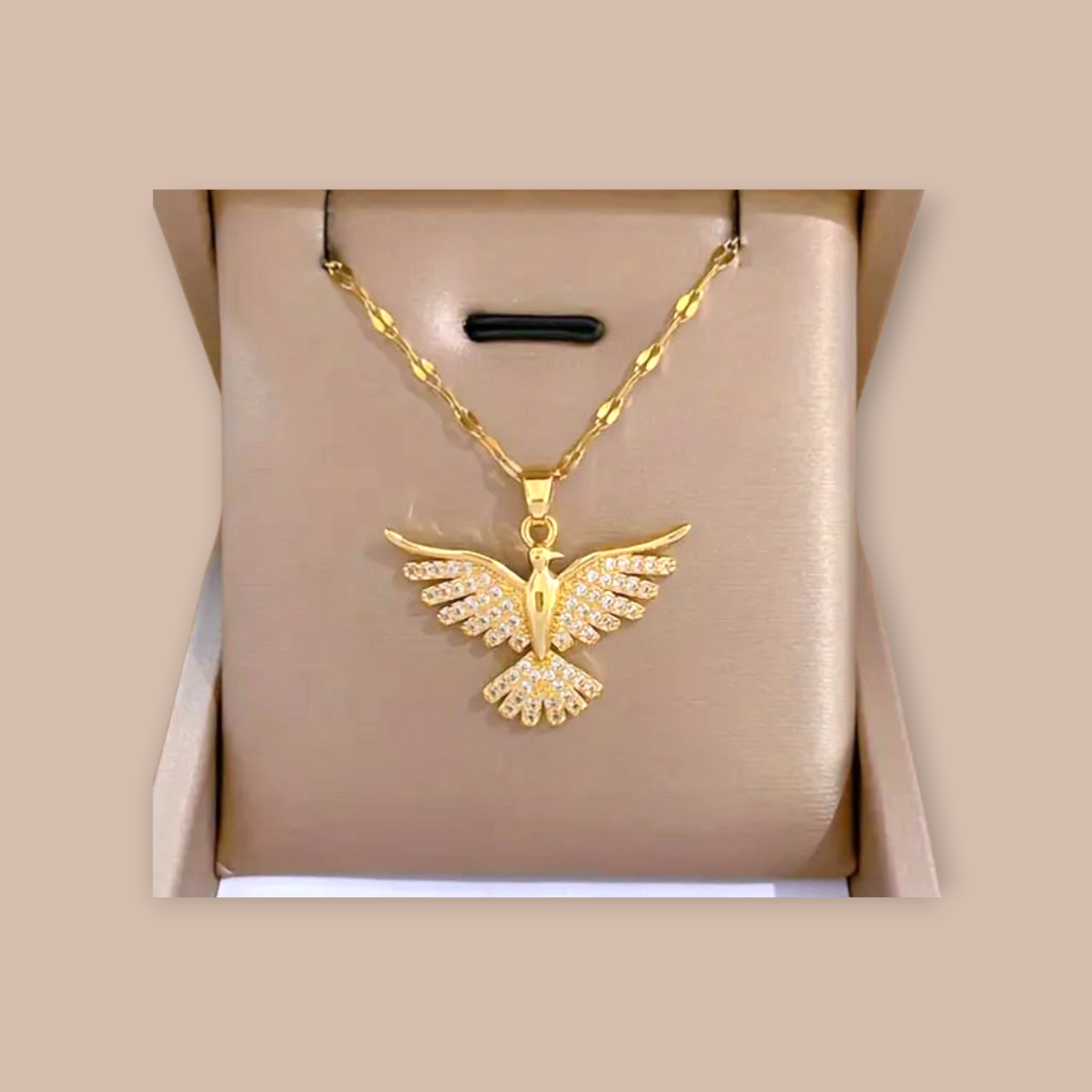 Stainless Steel Gold Cubic Zirconia Eagle Pendant and Necklet