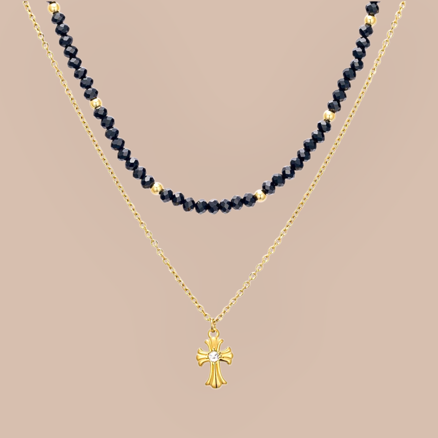 Stainless Steel Rosary Necklace Black and Gold Bead