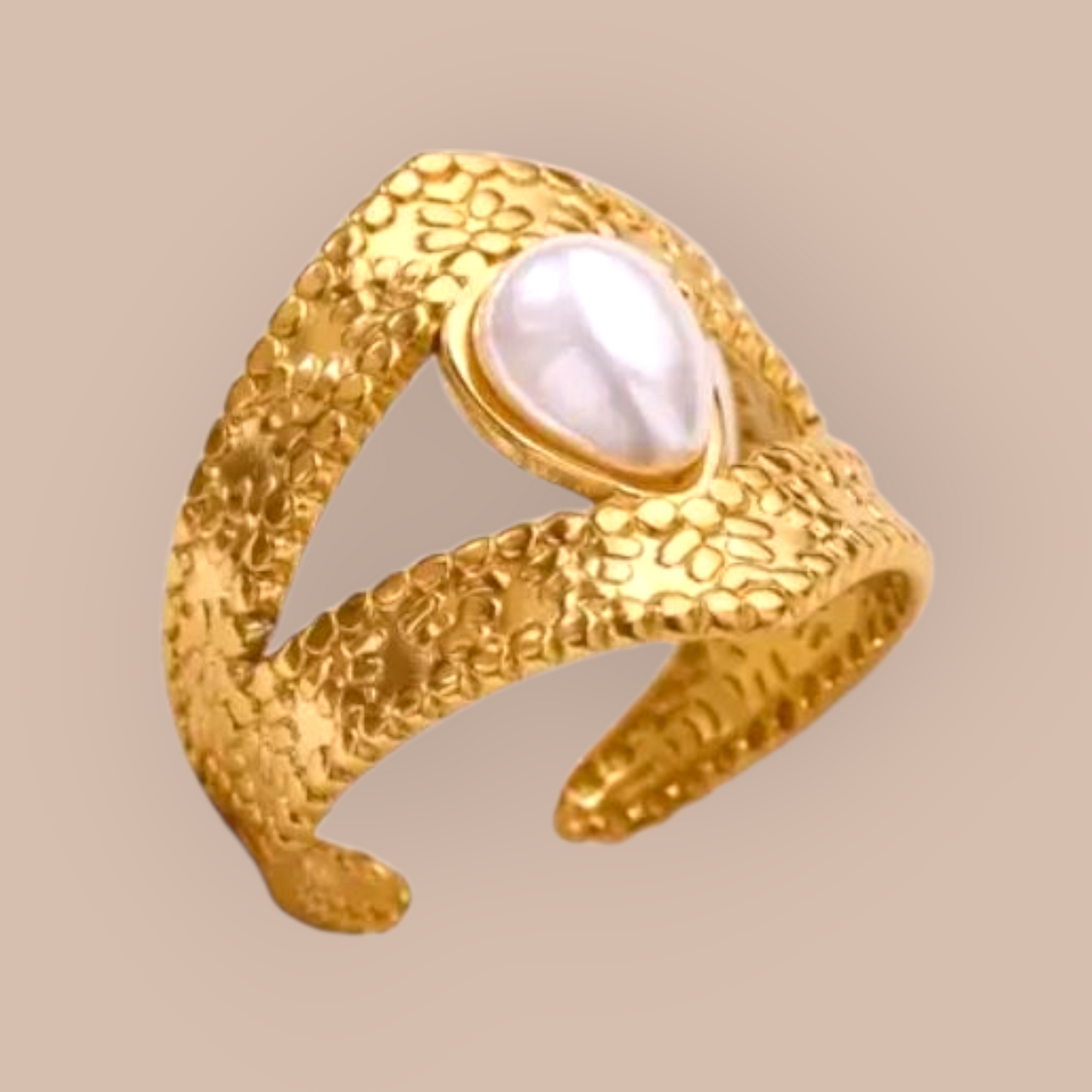 Wave crest Band Stainless Steel Faux Pearl Adjustable Ring
