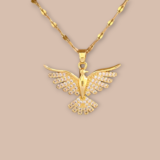 Stainless Steel Gold Cubic Zirconia Eagle Pendant and Necklet
