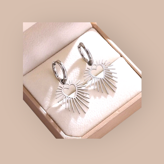Heart Sunburst Stainless Steel Earrings