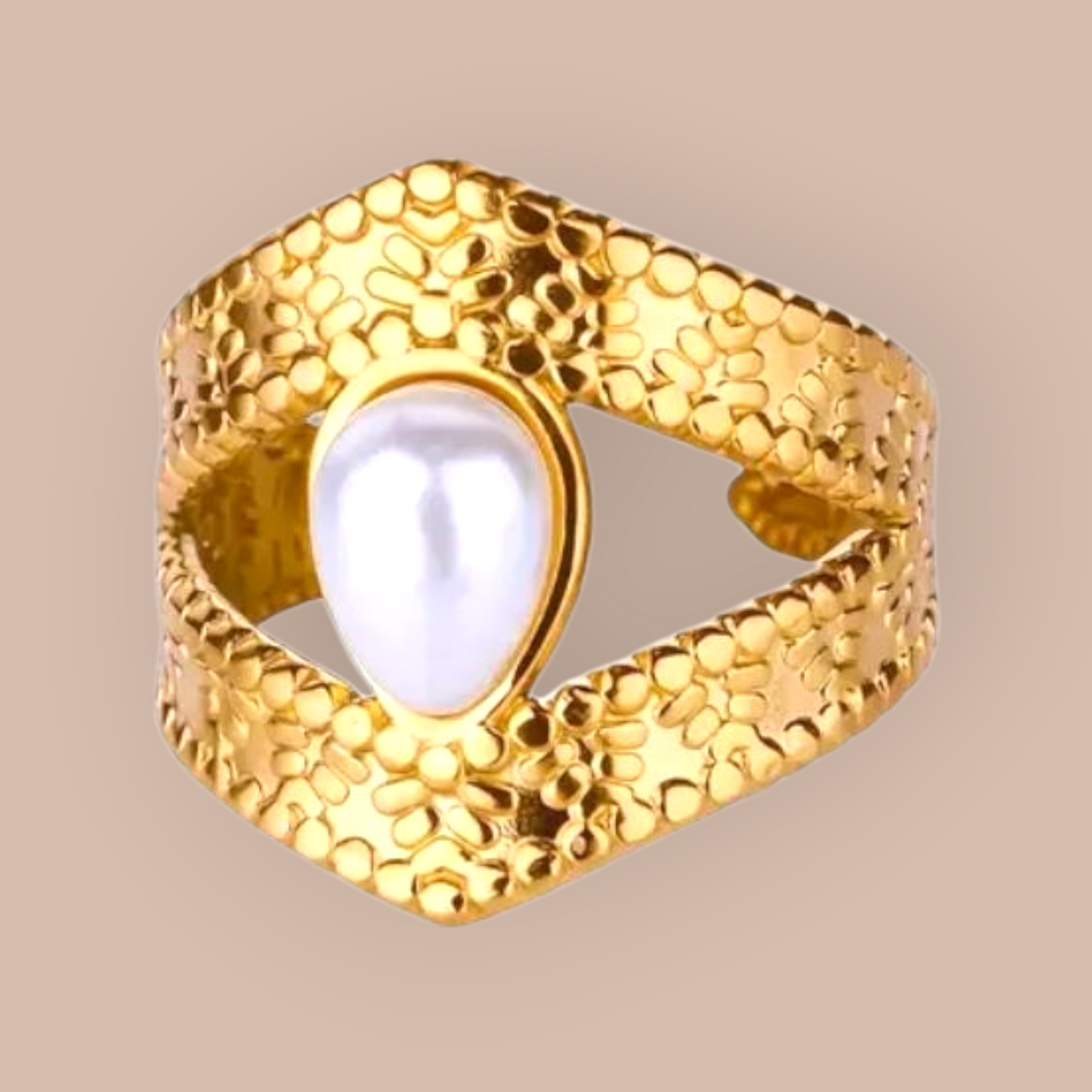 Wave crest Band Stainless Steel Faux Pearl Adjustable Ring